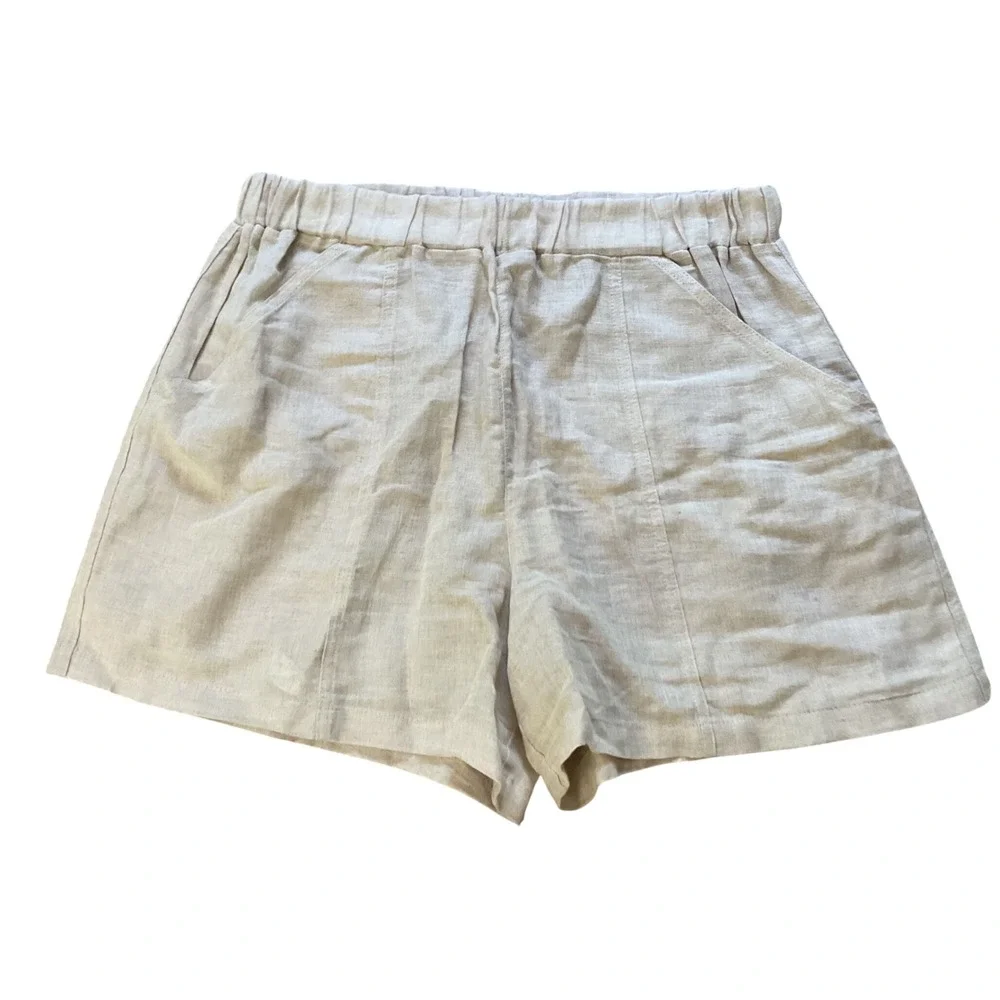 Hester & Orchard Linen Blend Elastic Waist Shorts Beige Women Large
